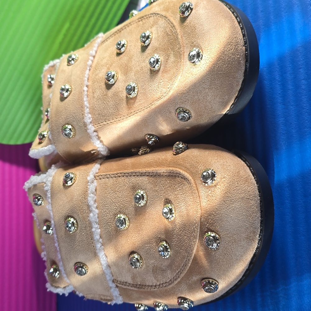 Studded Suede Shearling-Trim Mule Clogs worn once around the house - Picture 6 of 15